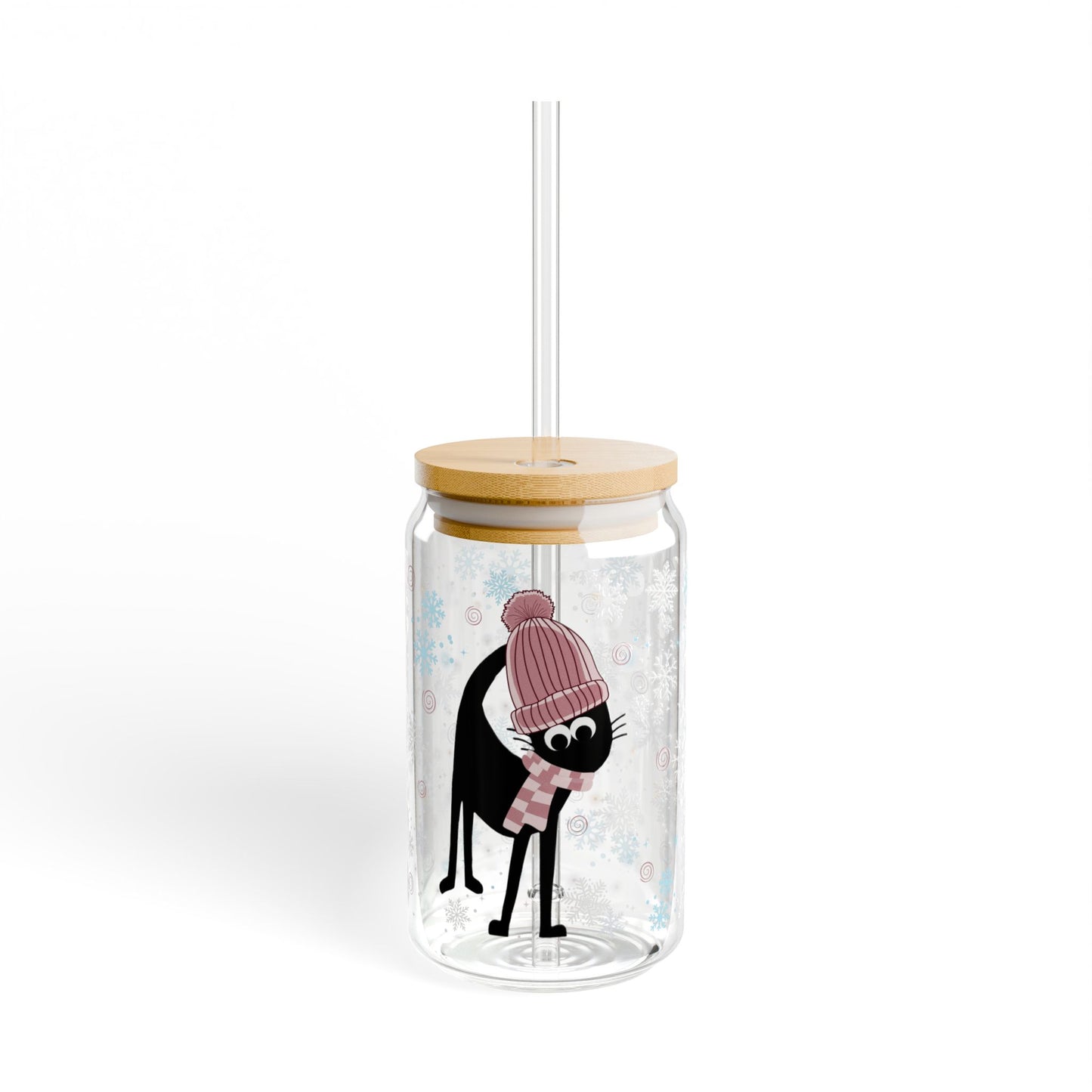 Pom Pom Hat Winter Black Cat Glass Tumbler With Lid & Straw