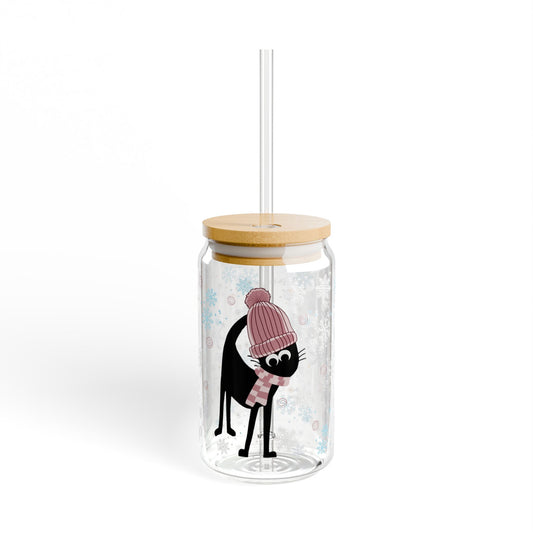 Pom Pom Hat Winter Black Cat Glass Tumbler With Lid & Straw