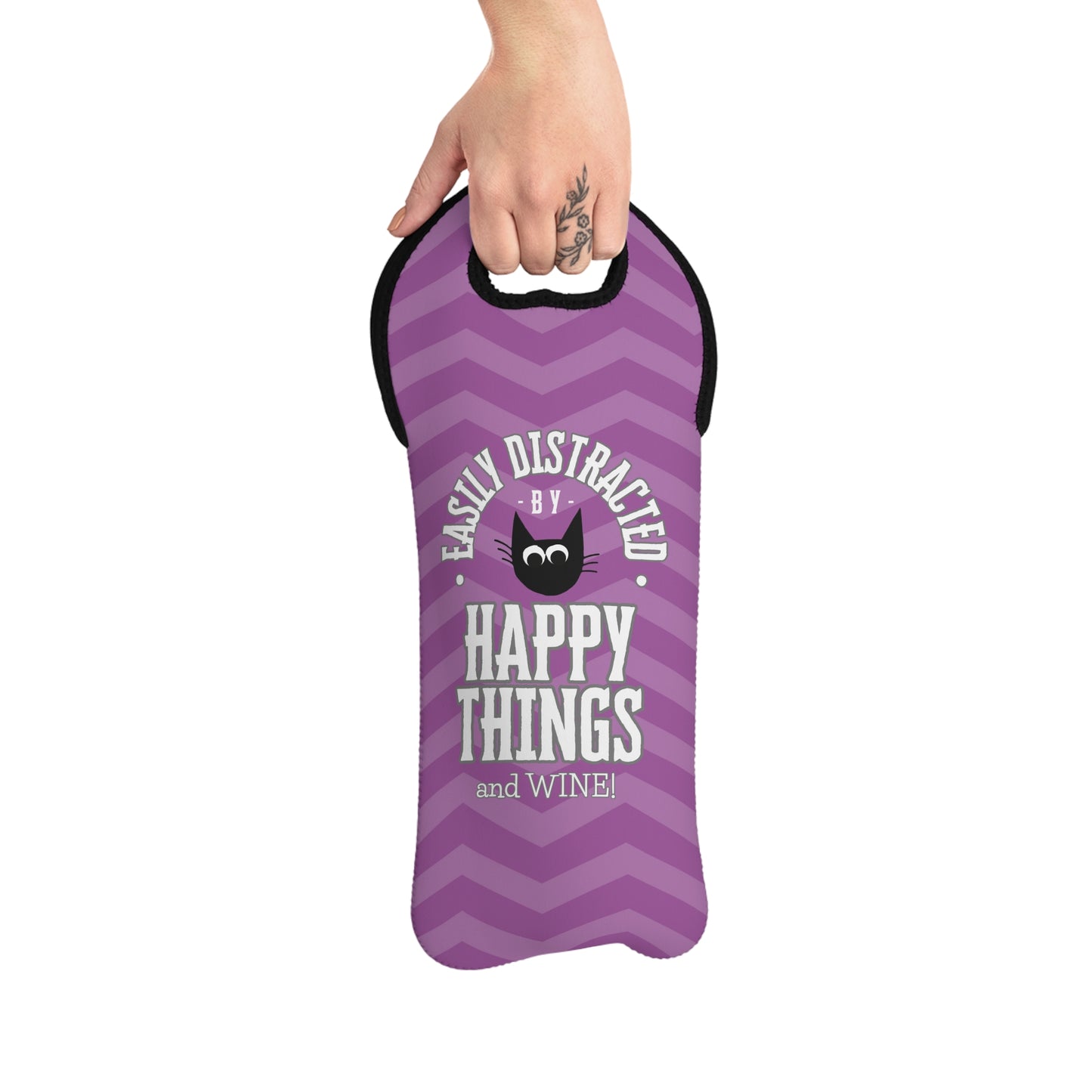 Distracted By Happy Things & Wine Black Cat Wine Tote Bag