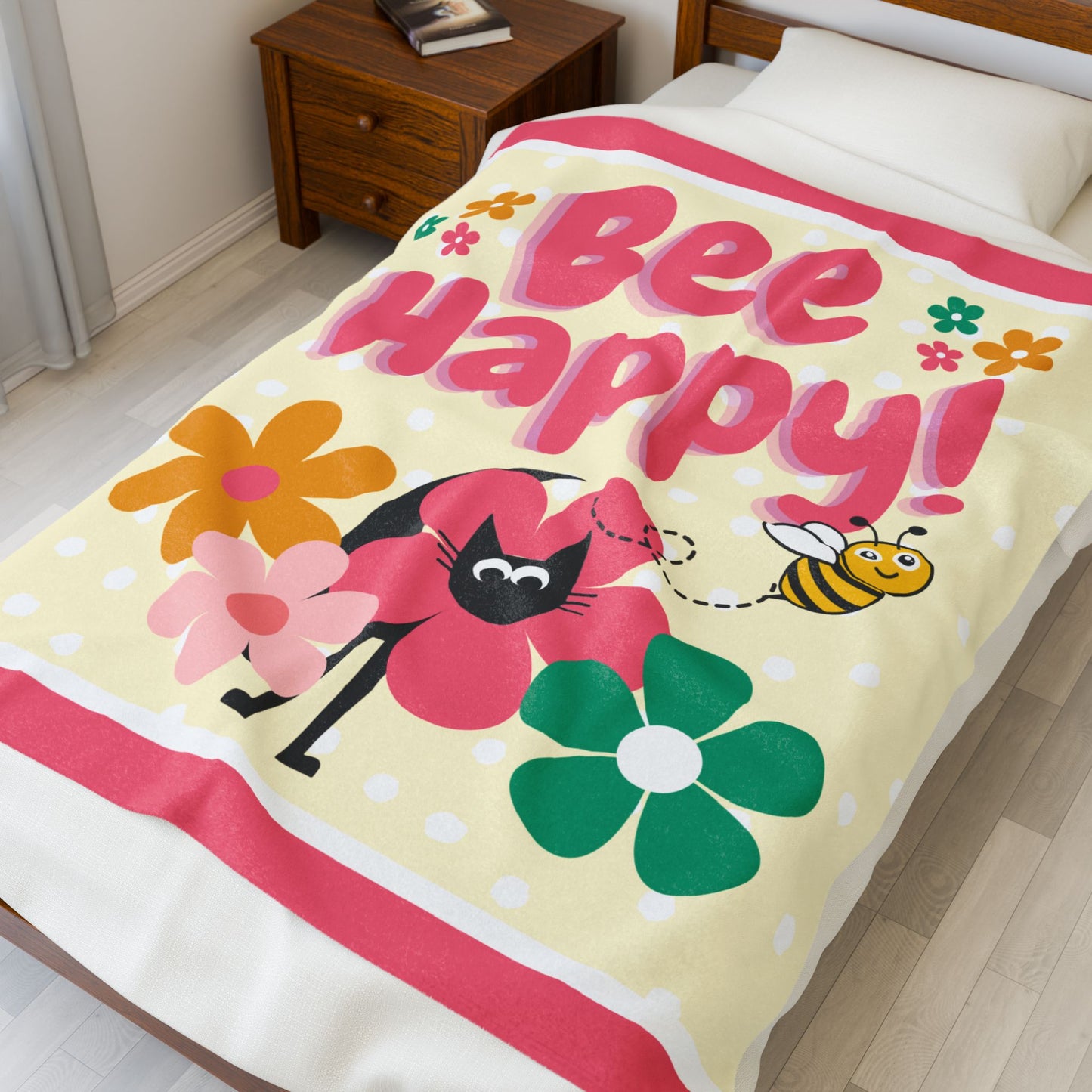 Bee Happy Flower Black Cat Blanket