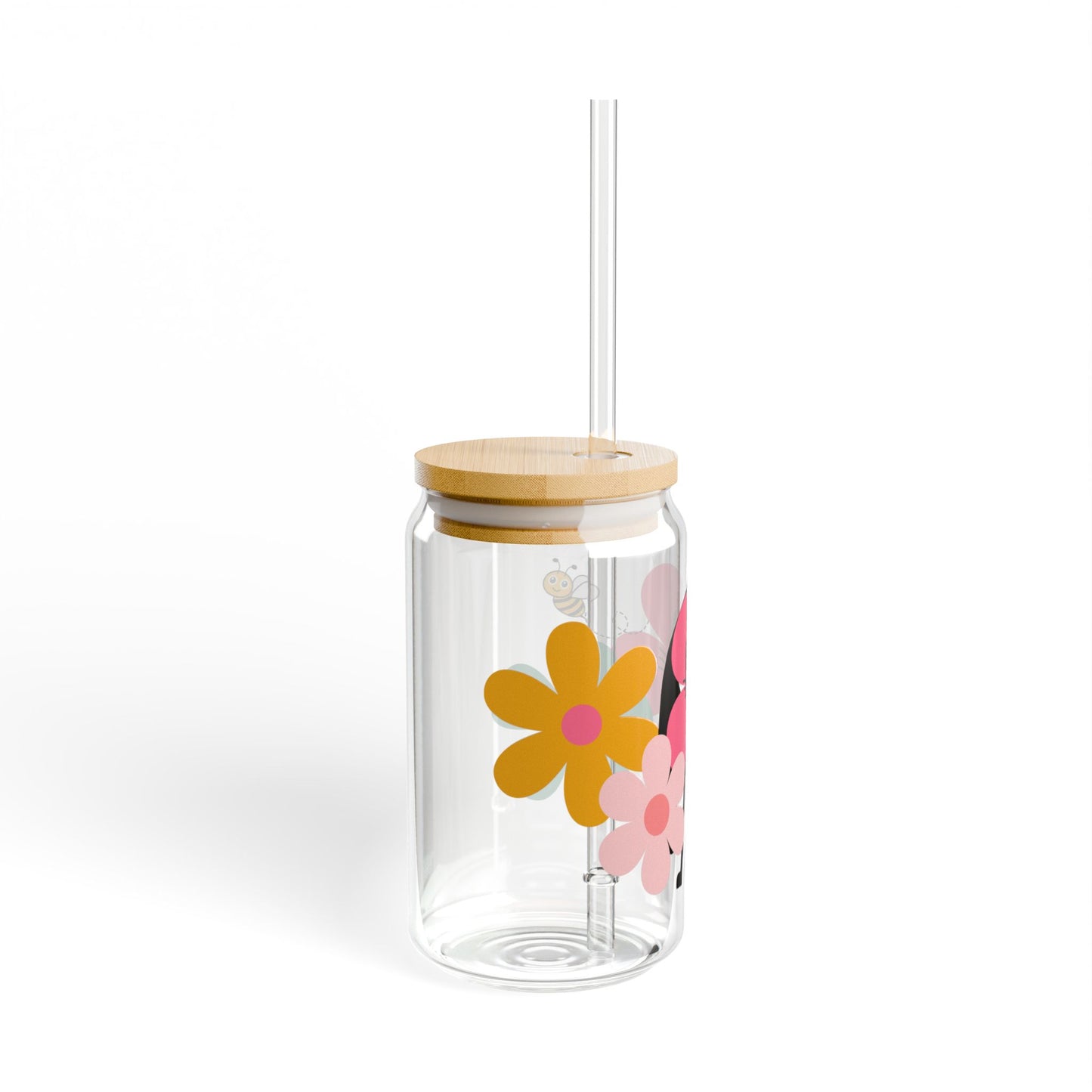 Bee Happy Flower Black Cat Glass Tumbler With Lid & Straw