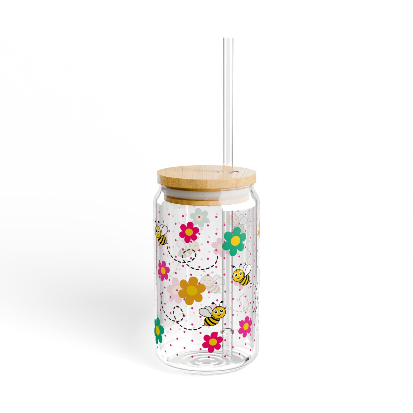 Bee Happy Glass Tumbler With Lid & Straw