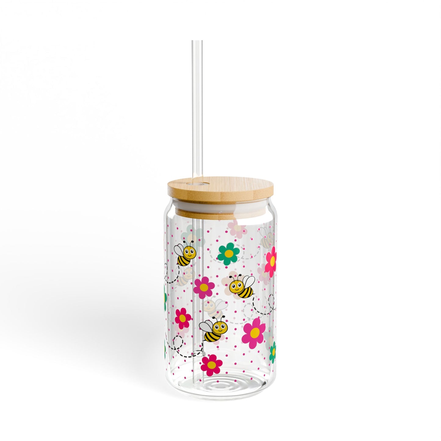 Bee Happy Glass Tumbler With Lid & Straw