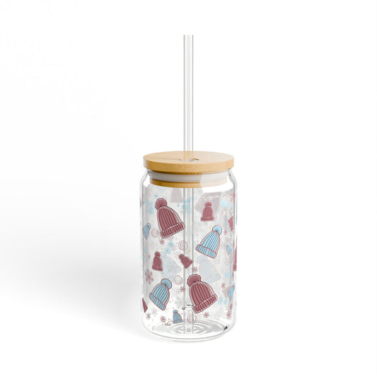 Pom Pom Hat Glass Tumbler With Lid & Straw