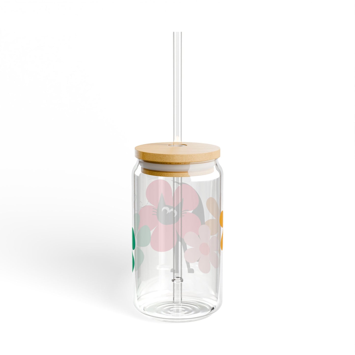 Bee Happy Flower Black Cat Glass Tumbler With Lid & Straw
