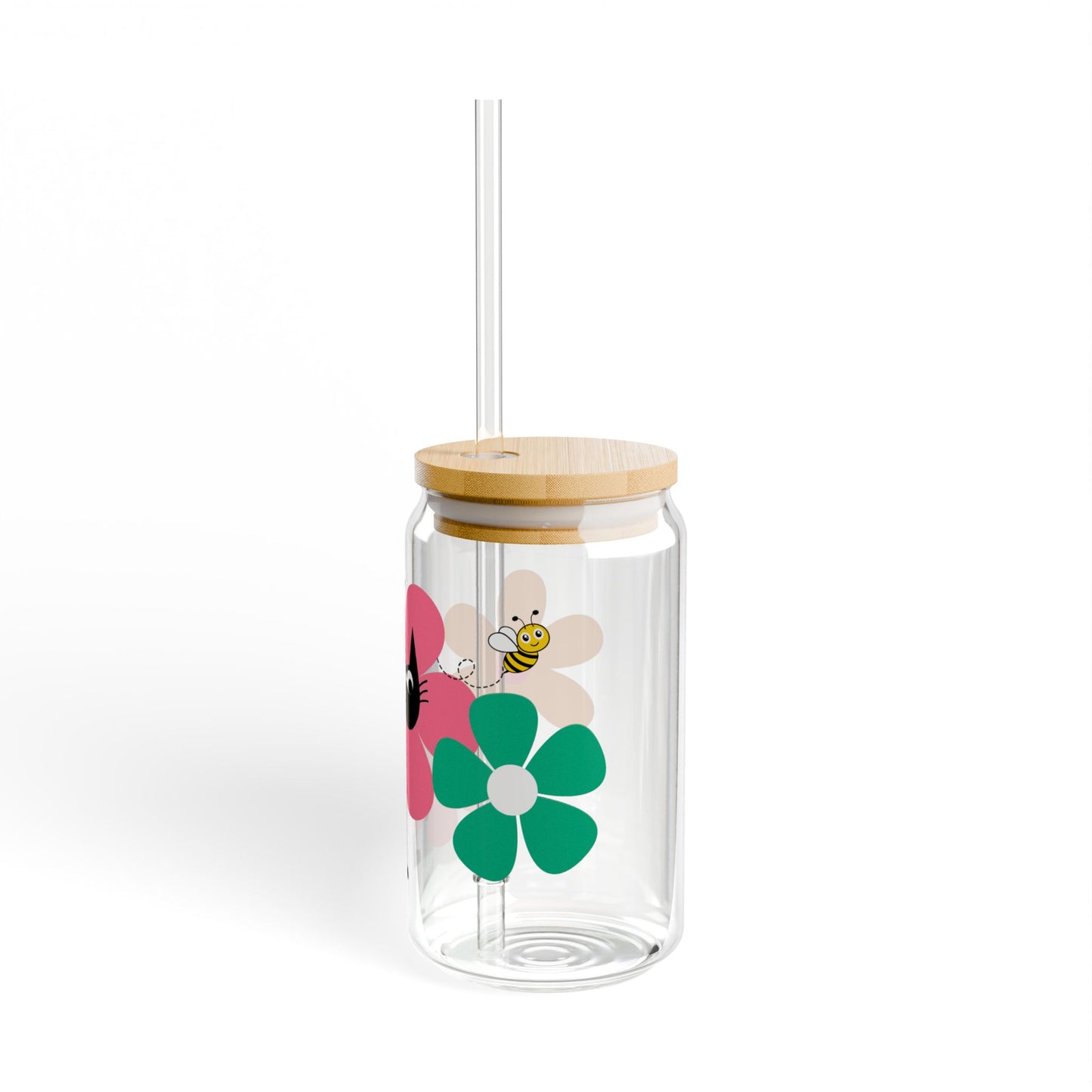Bee Happy Flower Black Cat Glass Tumbler With Lid & Straw