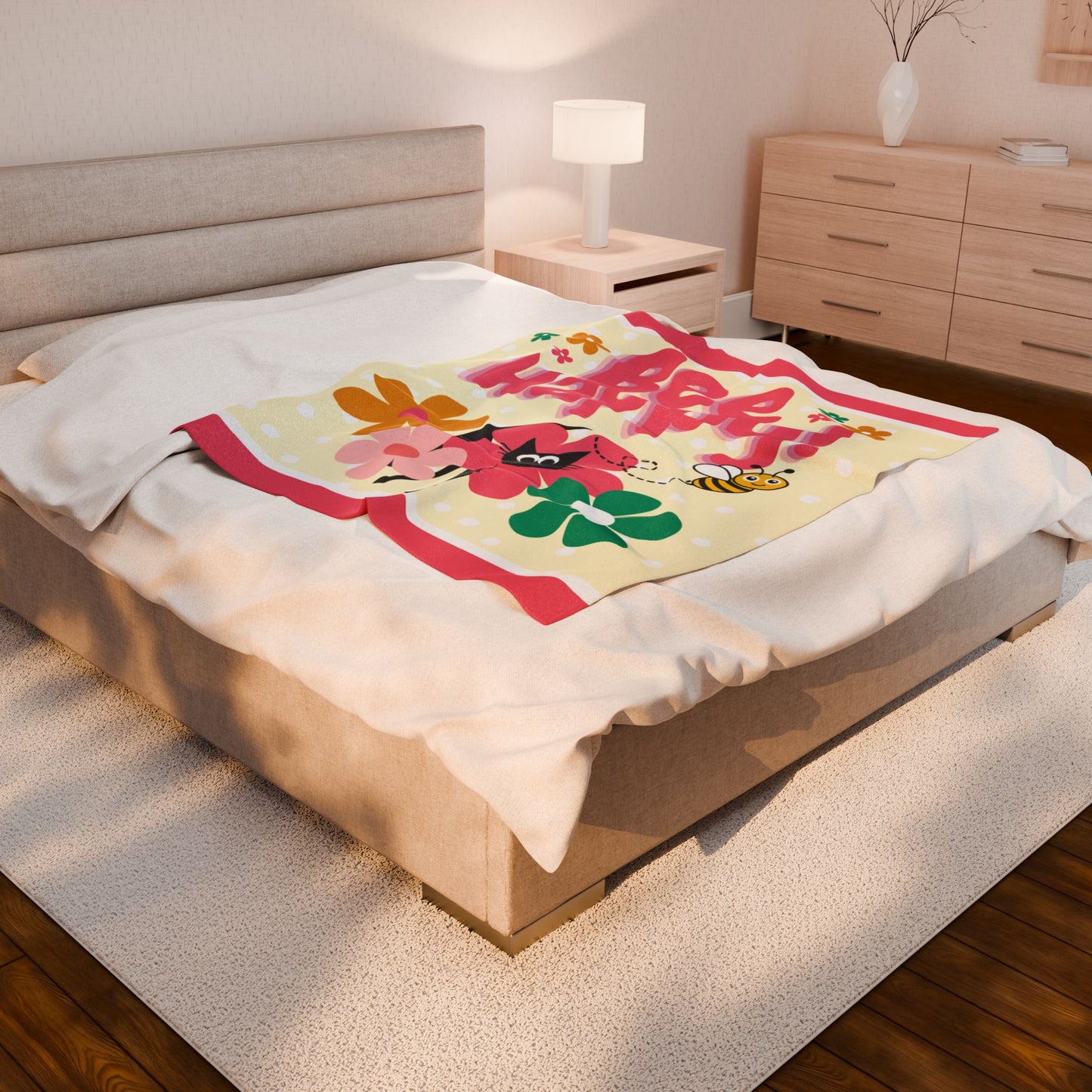 Bee Happy Flower Black Cat Blanket