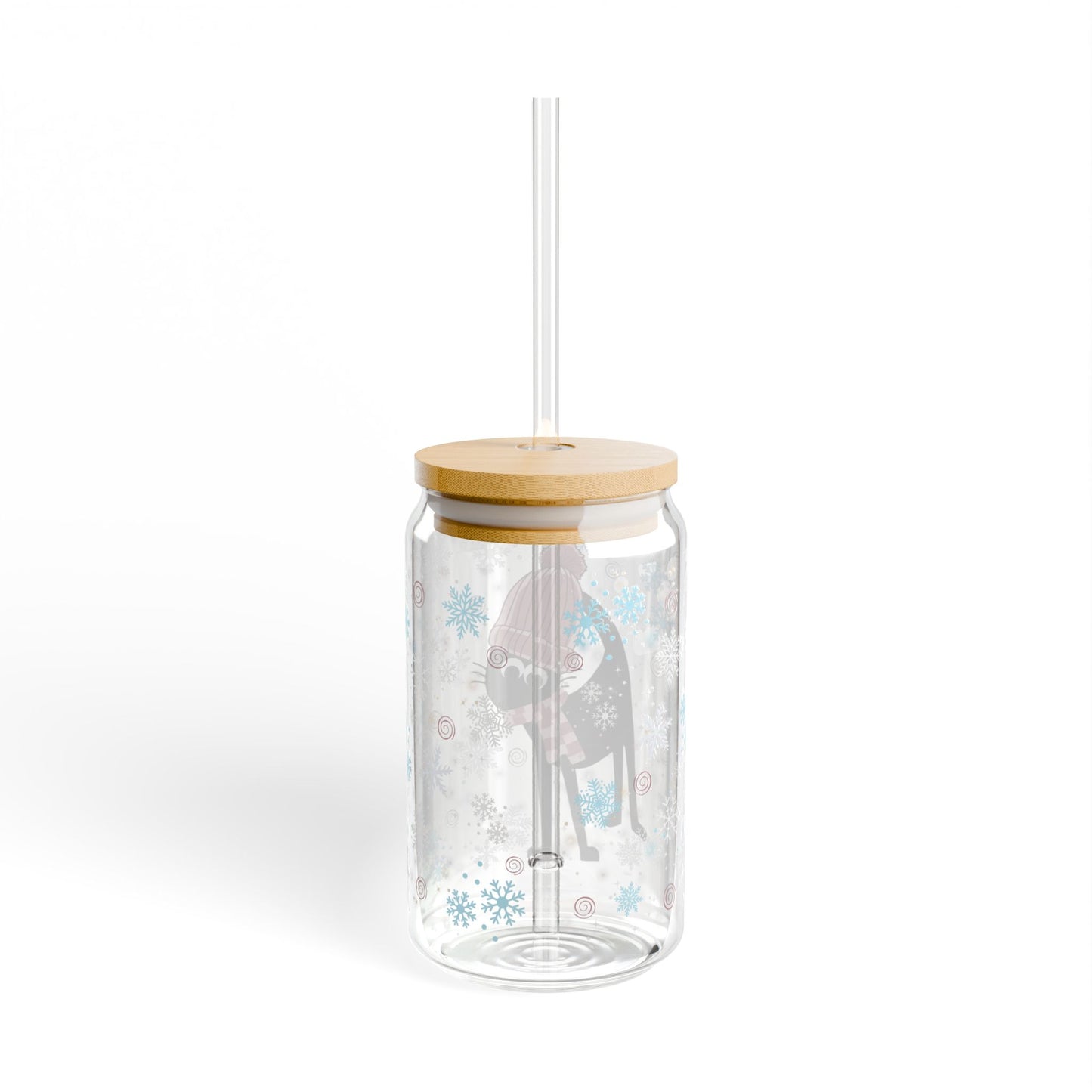 Pom Pom Hat Winter Black Cat Glass Tumbler With Lid & Straw