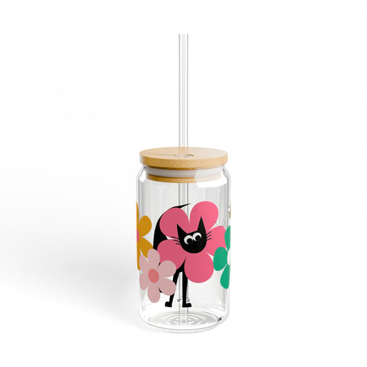 Bee Happy Flower Black Cat Glass Tumbler With Lid & Straw
