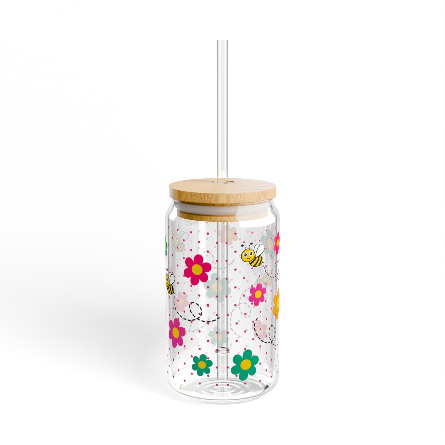 Bee Happy Glass Tumbler With Lid & Straw
