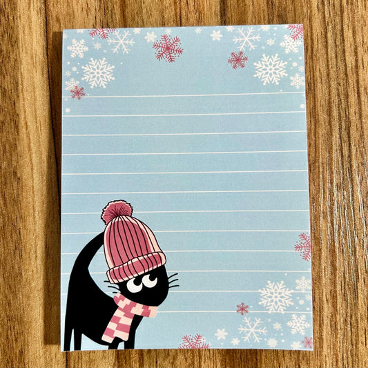 Pom Pom Hat Winter Black Cat 4.25" x 5.5" Notepad