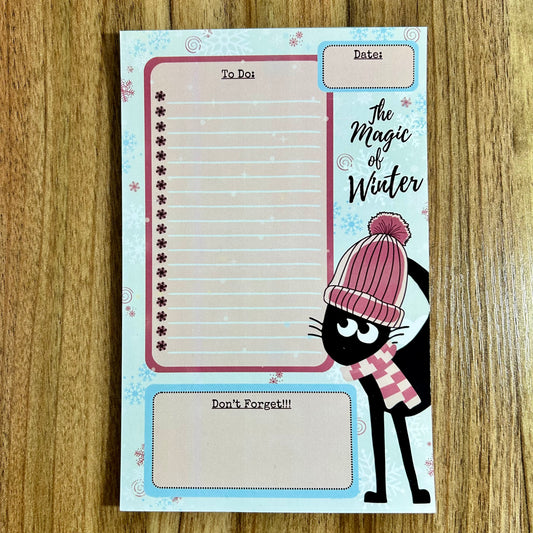 Pom Pom Hat Winter Black Cat 5.5" x 8.5" Daily To Do List Notepad
