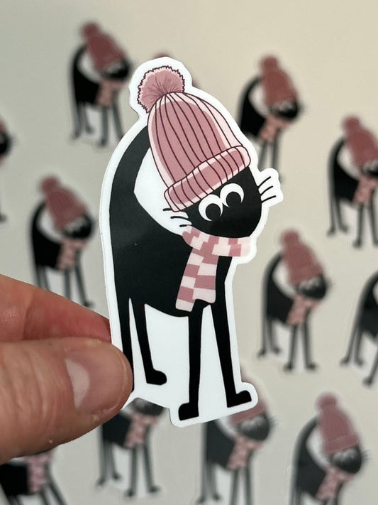 Pom Pom Hat Winter Black Cat Sticker