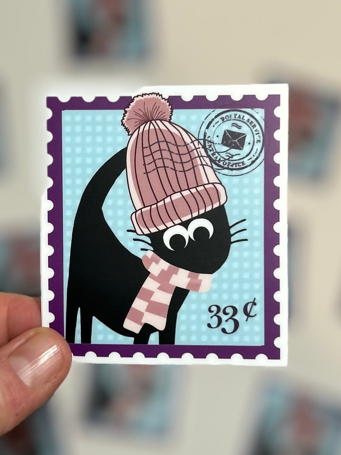Pom Pom Hat Winter Black Cat Postage Stamp Sticker (Copy)
