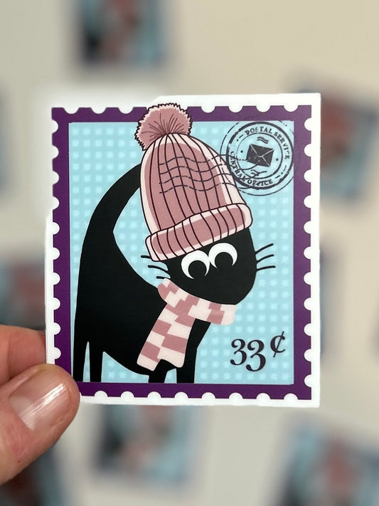 Pom Pom Hat Winter Black Cat Postage Stamp Sticker (Copy)