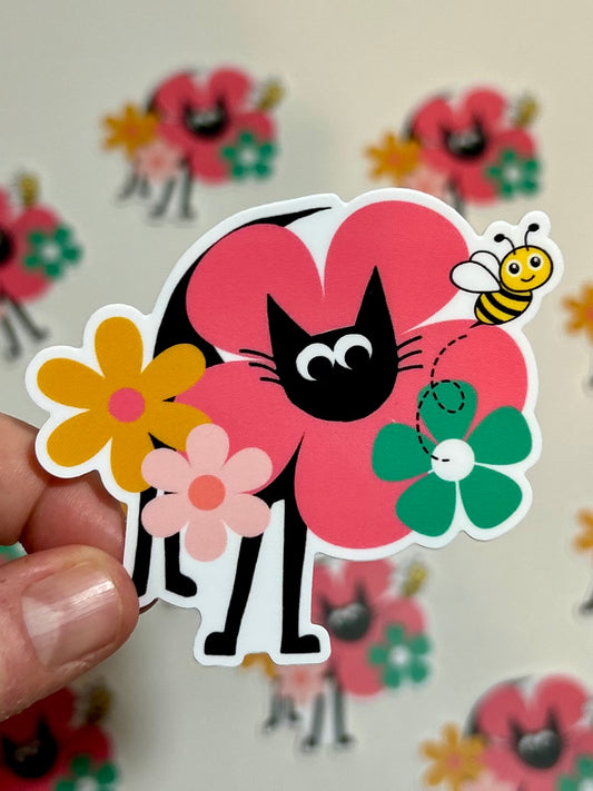 Bee Happy Black Cat Daisy Sticker