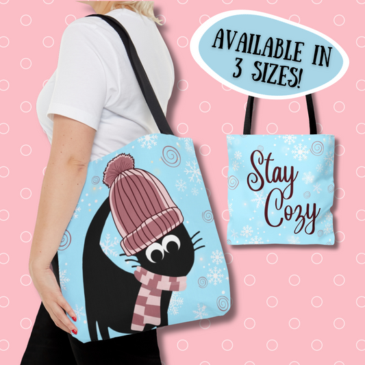 Pom Pom Hat Winter Black Cat Tote Bag