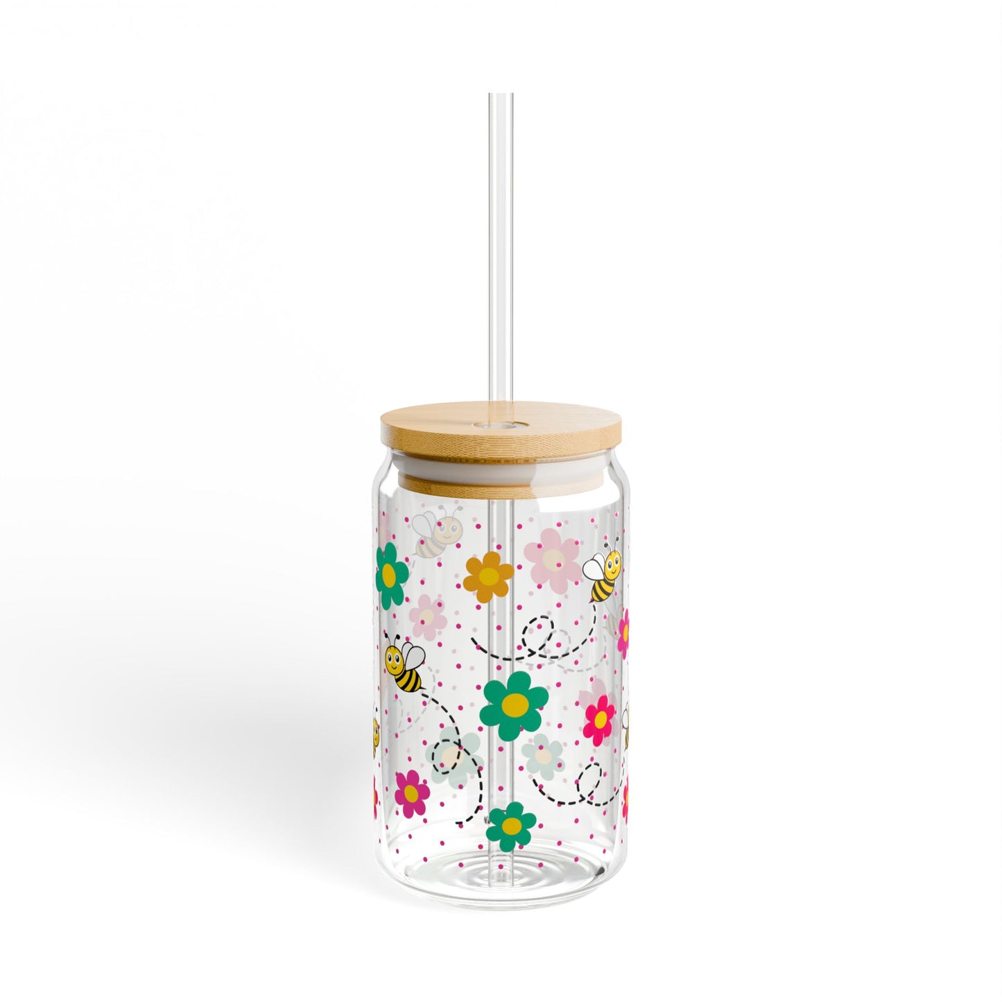 Bee Happy Glass Tumbler With Lid & Straw