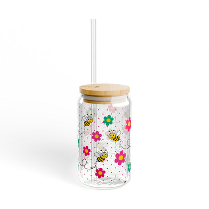 Bee Happy Glass Tumbler With Lid & Straw