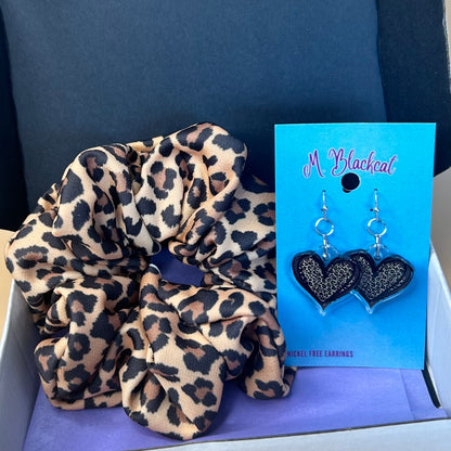 Cheetah Print Scrunchie & Heart Cheetah Print Earrings Box Set